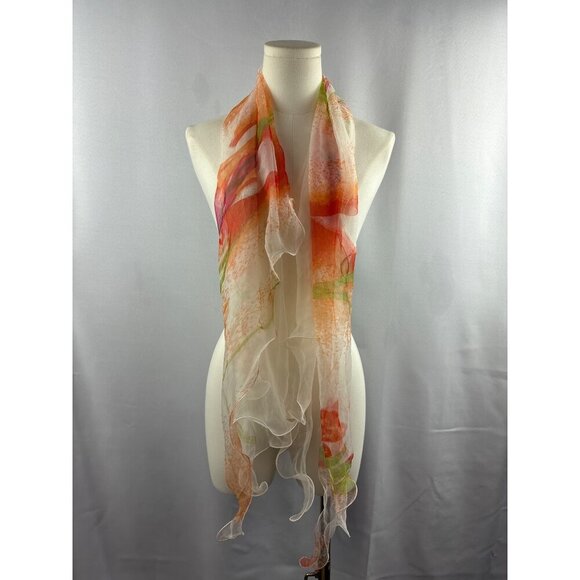 Women’s 100% Silk Orange, White, & Green Ruffled Scarf - Picture 1 of 5